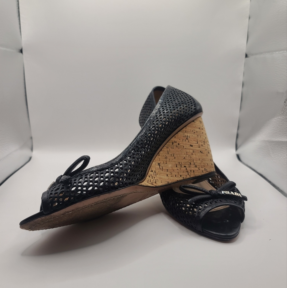 Prada Black Leather Wedges Calzature Donna Size 40